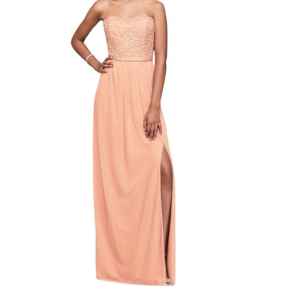 David's Bridal Bellini Lace and Mesh Long Strapless Dress - Picture 1 of 9
